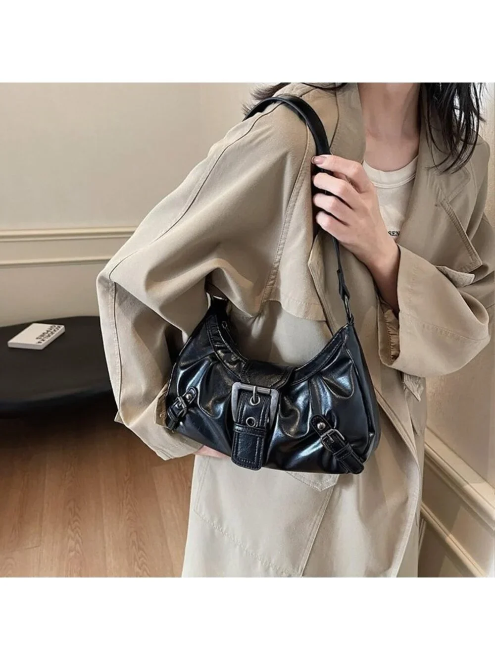 Trendy Y2K Small Shoulder Bag, Punk Hobo Clutch, Leather Top Handle Purse
